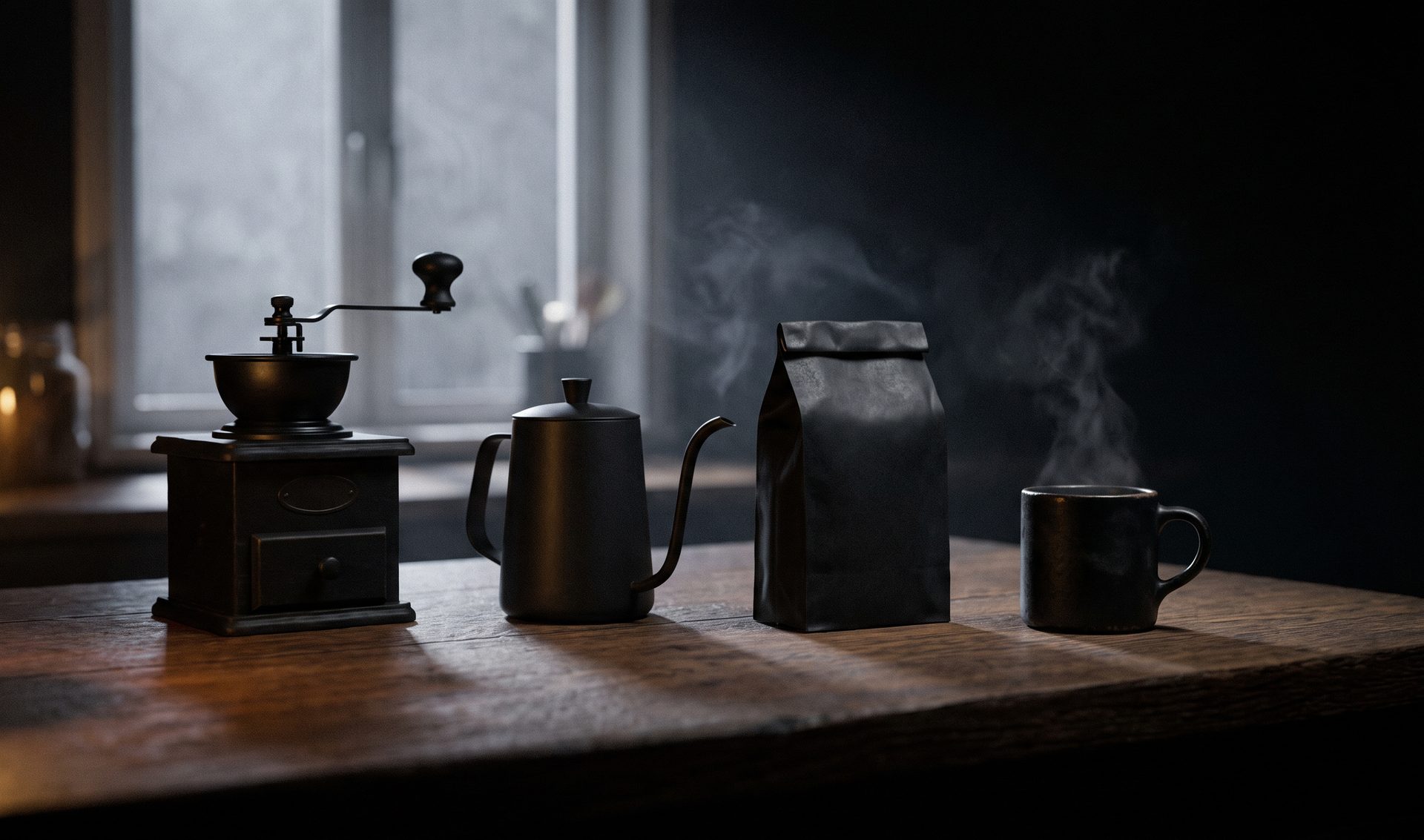 A midnight counter with a hand grinder, a black kettle, an unmarked black coffee bag, and a steaming cup under a moonlit window